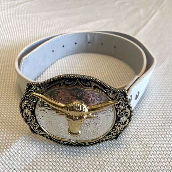Huge longhorn cow steer belt buckle with white tooled belt BC Belts size small main image 10